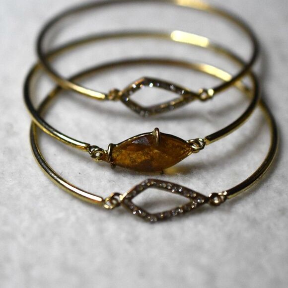 Modern Stylish 3 Stackable Gold Tone Amber Stone Rhinestone Accents 5" Bracelets - Picture 1 of 3